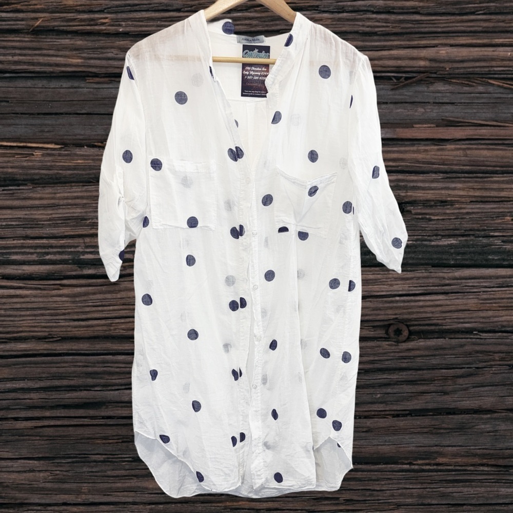 Angela Mara  Blue and White Relaxed 3/4 Sleeve Top